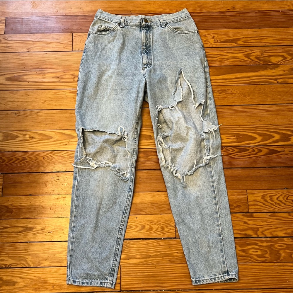 L.L. Bean high waisted distressed blue jeans with painted Playboy bunny